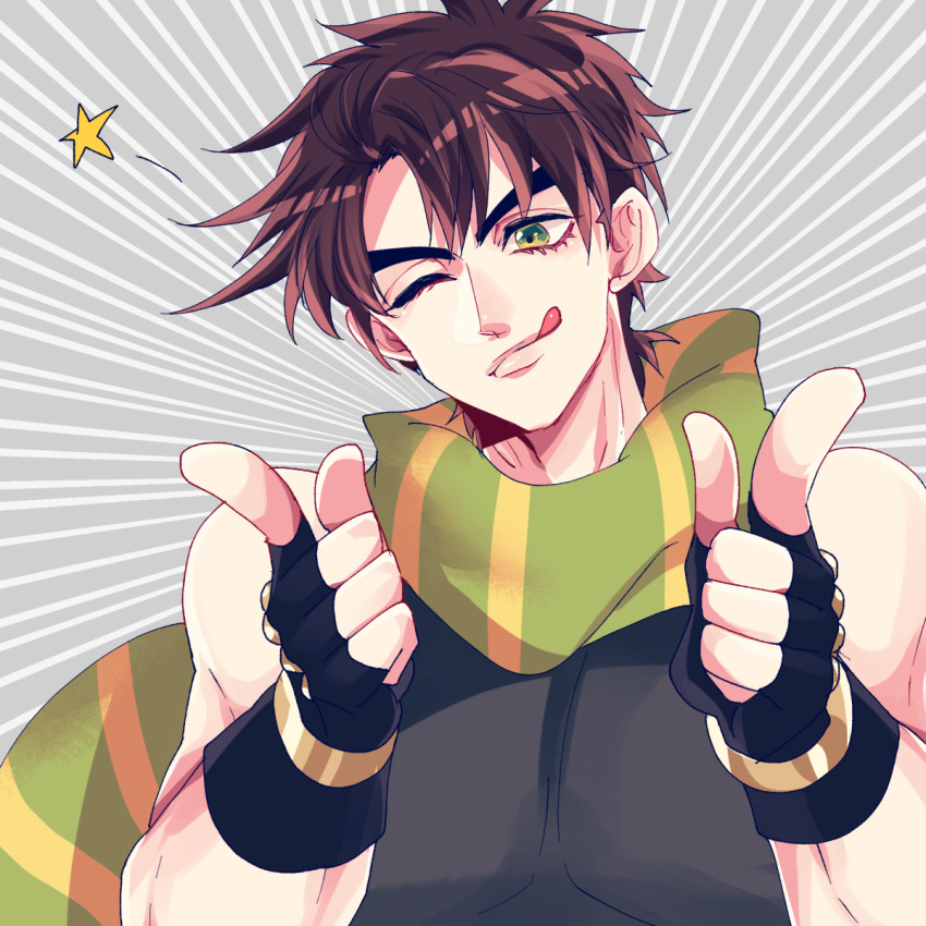1boy brown_hair fingerless_gloves gloves green_eyes green_scarf highres jojo_no_kimyou_na_bouken joseph_joestar joseph_joestar_(young) kogatarou licking_lips male_focus multicolored_clothes multicolored_scarf one_eye_closed pointing pointing_at_viewer scarf solo star_(symbol) striped striped_scarf tongue tongue_out yellow_scarf