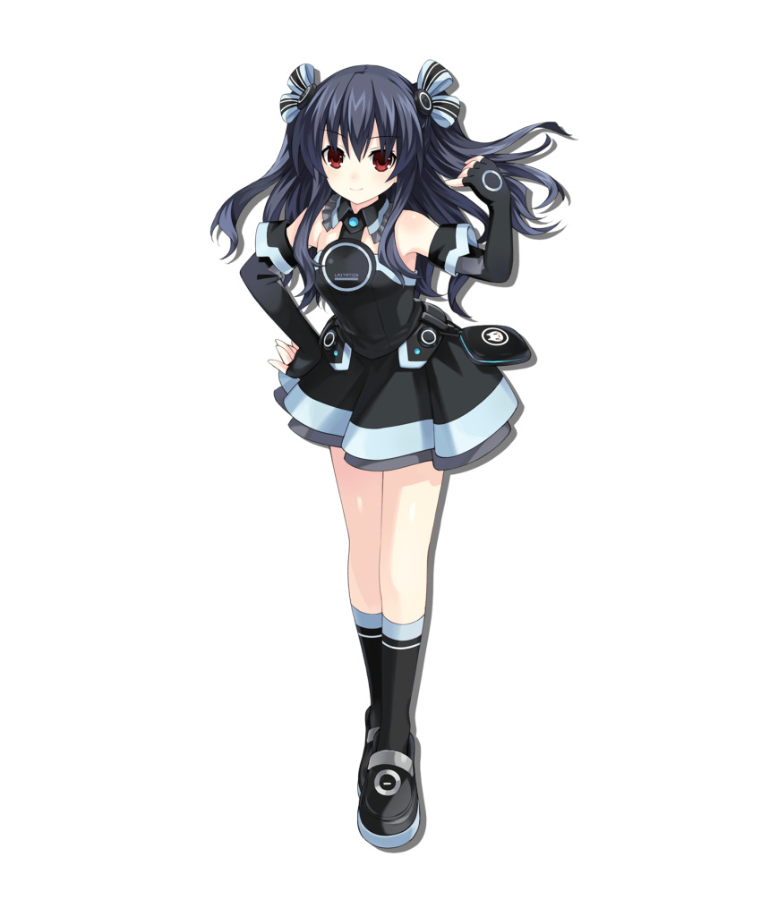 1girl alpha_transparency animal_print artist_request bangs bare_shoulders black_dress black_footwear black_gloves black_hair black_legwear case cat_print choujigen_game_neptune_sisters_vs_sisters dot_nose dress elbow_gloves eyebrows_visible_through_hair fingerless_gloves floating_hair frilled_shirt_collar frills full_body gloves hair_ornament hair_ribbon hand_on_hip hand_up highres long_hair looking_at_viewer neptune_(series) official_art red_eyes ribbon shoes short_dress sidelocks smile solo standing striped striped_ribbon tachi-e transparent_background two_side_up uni_(neptune_series)