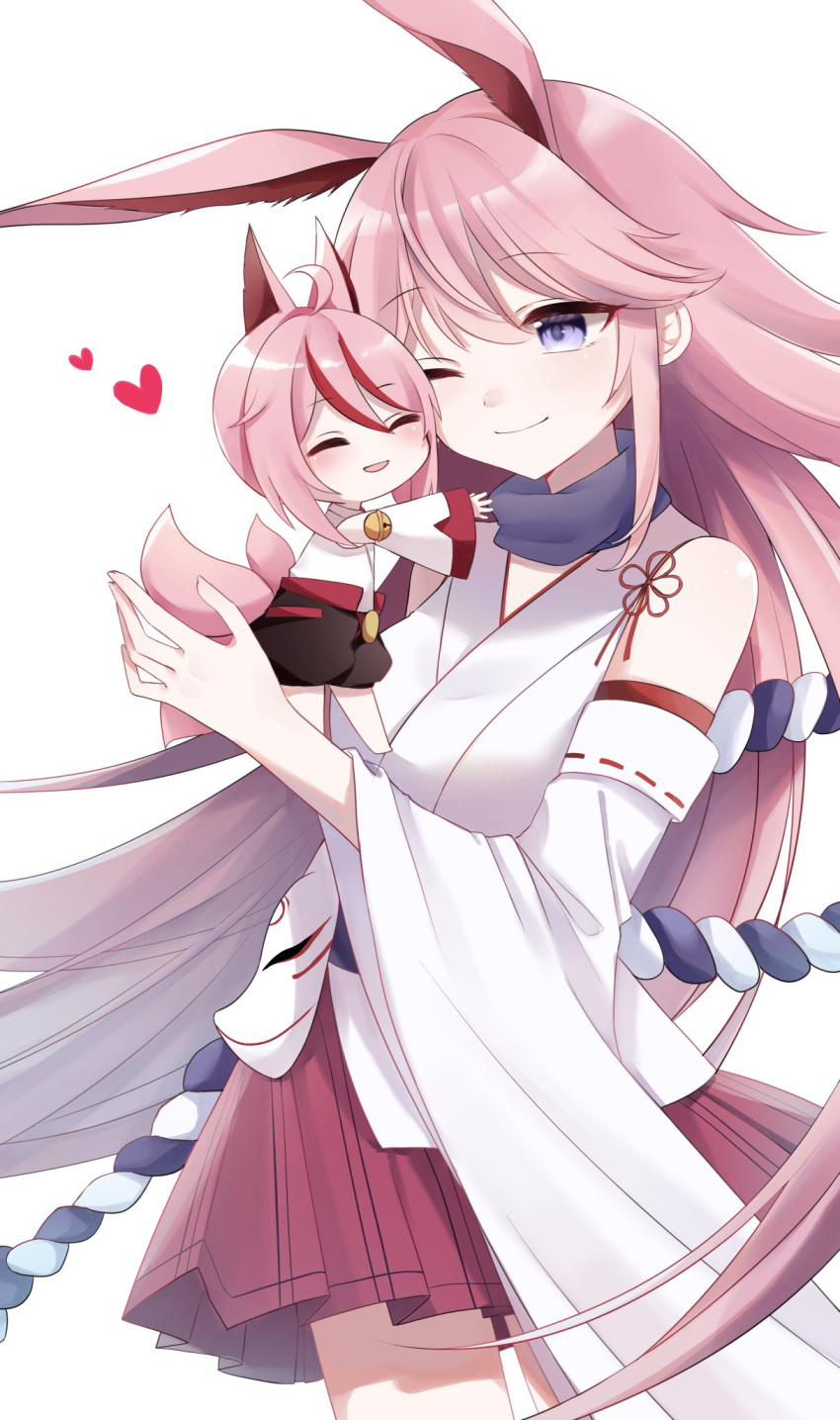 2girls animal_ears bangs cheek-to-cheek chibi closed_mouth fox_ears fox_girl fox_mask fox_tail full_body heads_together heart highres higokumaru honkai_(series) honkai_impact_3rd japanese_clothes kimono mask miko multicolored_hair multiple_girls one_eye_closed open_mouth pink_hair pink_skirt simple_background skirt smile streaked_hair tail violet_eyes white_background white_kimono yae_sakura yae_sakura_(gyakushinn_miko) yukki_0125