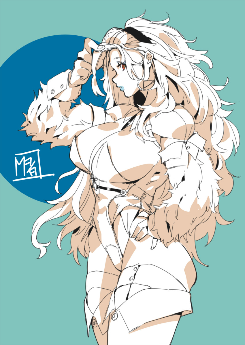 boots breasts detached_sleeves hairband hairy highres large_breasts leotard limited_palette long_hair makai messy_hair muscular muscular_female original second-party_source shepherd0821 tall_female thigh-highs thigh_boots wrist_cuffs yeti_(creature) yeti_(shepherd0821)