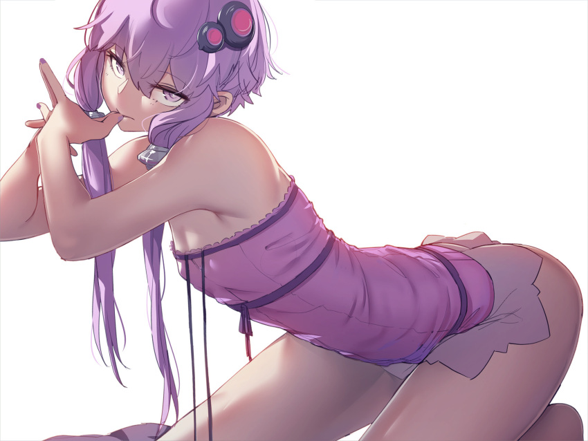 1girl ass at2. bare_legs bare_shoulders bent_over breasts commentary covered_nipples dress fingers_to_mouth from_side hair_between_eyes hair_ornament hairpin hands_up highres kneeling light_purple_eyes light_purple_hair long_hair long_torso looking_at_viewer purple_hair purple_nails serious short_dress short_hair_with_long_locks sidelocks simple_background small_breasts solo strapless strapless_dress striped striped_dress thighs thumb_to_mouth tube_dress vertical-striped_dress vertical_stripes violet_eyes vocaloid voiceroid white_background yuzuki_yukari
