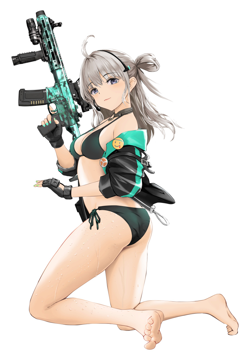 1girl absurdres ahoge aqua_nails ass badge barefoot bikini black_bikini black_gloves breasts button_badge closed_mouth fingerless_gloves from_side full_body gibun_(sozoshu) girls_frontline gloves grey_hair gun hair_rings hand_up headset highres holding holding_gun holding_weapon honey_badger_(girls'_frontline) honey_badger_(gun) jacket kneeling legs long_hair looking_at_viewer looking_to_the_side medium_breasts off_shoulder side-tie_bikini simple_background solo strap_gap swimsuit thighs toes trigger_discipline weapon wet white_background