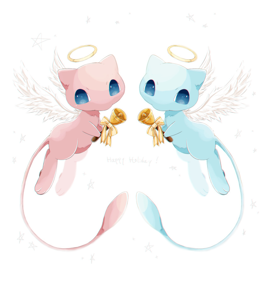 alternate_color angel_wings aoi_(pzep8583) bell blue_eyes commentary_request full_body halo happy_holidays highres holding holding_bell looking_at_viewer mew pokemon shiny_and_normal shiny_pokemon star_(symbol) white_background wings