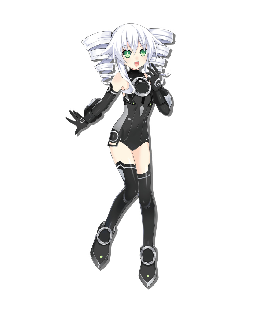 &gt;:) 1girl :d alpha_transparency artist_request bangs bare_shoulders black_footwear black_gloves black_legwear black_leotard boots choujigen_game_neptune_sisters_vs_sisters dot_nose drill_hair drop_shadow elbow_gloves eyebrows_visible_through_hair full_body gloves green_eyes hand_up highres leotard long_hair looking_at_viewer neptune_(series) official_art open_mouth sidelocks smile solo standing standing_on_one_leg tachi-e thigh-highs thigh_boots transparent_background twin_drills v-shaped_eyebrows white_hair