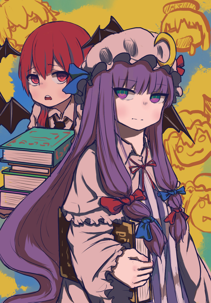 2girls bat_wings book book_stack capelet crescent crescent_hat_ornament d: embodiment_of_scarlet_devil flandre_scarlet hat_ornament head_wings highres holding holding_book hong_meiling hua_ha_jiazi izayoi_sakuya koakuma light_blush long_hair looking_at_viewer looking_to_the_side multiple_girls patchouli_knowledge purple_hair red_eyes redhead remilia_scarlet simple_background split_mouth touhou very_long_hair violet_eyes wing_collar wings