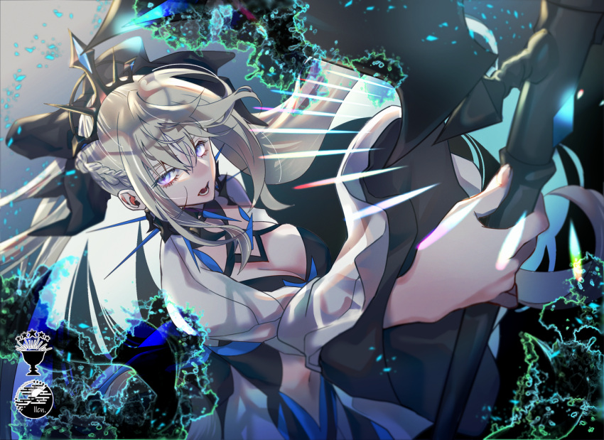 1girl bangs black_bow black_dress blue_eyes bow breasts center_opening cleavage_cutout closed_mouth clothing_cutout commentary dress eyebrows_visible_through_hair fate/grand_order fate_(series) fiction_sx fingernails hair_between_eyes hair_bow hair_ornament highres holding holding_staff holding_weapon large_breasts long_hair long_sleeves looking_at_viewer morgan_le_fay_(fate) navel night night_sky outdoors outstretched_arm ponytail pubic_tattoo serious sidelocks silver_hair sky solo staff star_(sky) tattoo tiara tree two-tone_dress upper_body very_long_hair weapon white_dress wide_sleeves