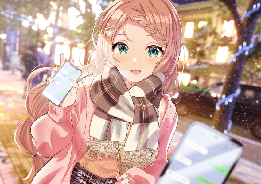 1girl :d blonde_hair blurry blurry_background blush braid brown_scarf building car cardigan green_eyes ground_vehicle hair_ornament hairclip hand_up highres holding holding_phone long_hair long_sleeves looking_at_viewer motor_vehicle open_mouth orange_sweater original outdoors phone pink_cardigan scarf shiokazunoko smile snow snowing solo standing sweater tree