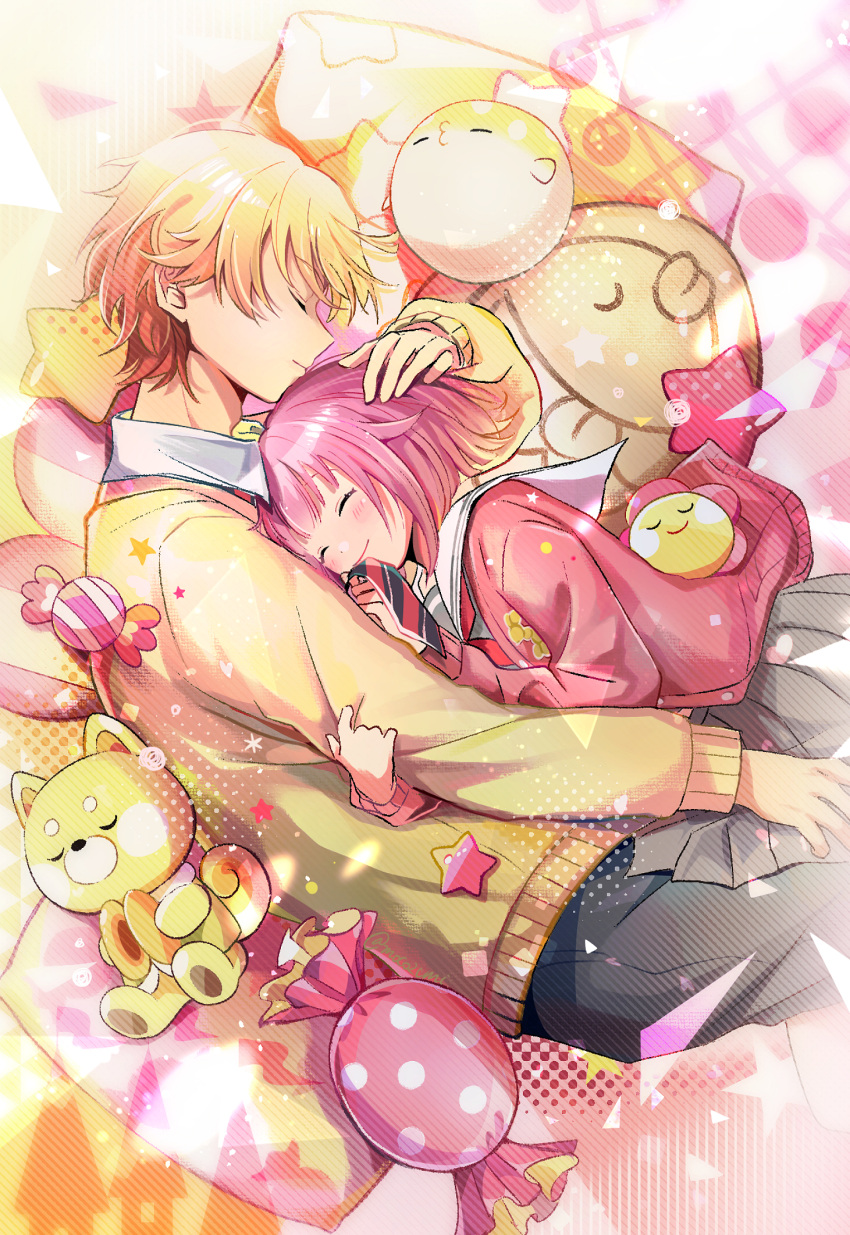 1boy 1girl abstract_background arm_hug black_necktie blonde_hair blush border candy closed_eyes commentary_request confetti couple cuddling eyebrows_visible_through_hair feet_out_of_frame food frown gradient_hair grey_pants grey_skirt hand_on_another's_head hetero highres holding_necktie momomo_(m0_3) multicolored_hair necktie ootori_emu pants pillow pink_hair pink_sweater pleated_skirt project_sekai red_necktie sailor_collar skirt sleeping smile striped_necktie stuffed_animal stuffed_bird stuffed_dog stuffed_toy sweater tenma_tsukasa white_sailor_collar yellow_sweater