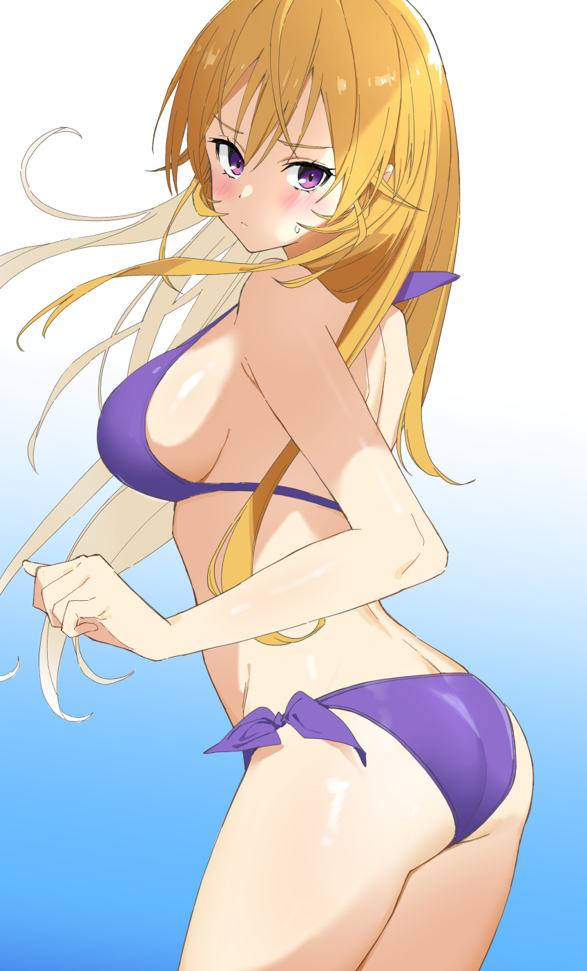 1girl absurdres ass back bangs bikini blonde_hair blush breasts closed_mouth floating_hair from_side halterneck highres kazunori large_breasts long_hair looking_at_viewer looking_to_the_side nakiri_erina purple_bikini shokugeki_no_souma side-tie_bikini sideboob solo straight_hair sweatdrop swimsuit thighs violet_eyes