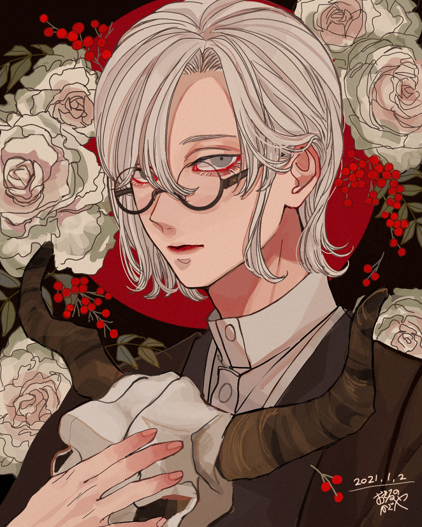 1boy animal_skull bangs black_background brown_jacket buttons circle closed_mouth collared_shirt constricted_pupils dated flower glasses grey_eyes hair_over_one_eye highres holding holding_skull jacket kagoya1219 looking_at_viewer male_focus new_year original red_background rose round_eyewear semi-rimless_eyewear shirt short_hair signature skull solo straight_hair upper_body white_flower white_hair white_rose white_shirt