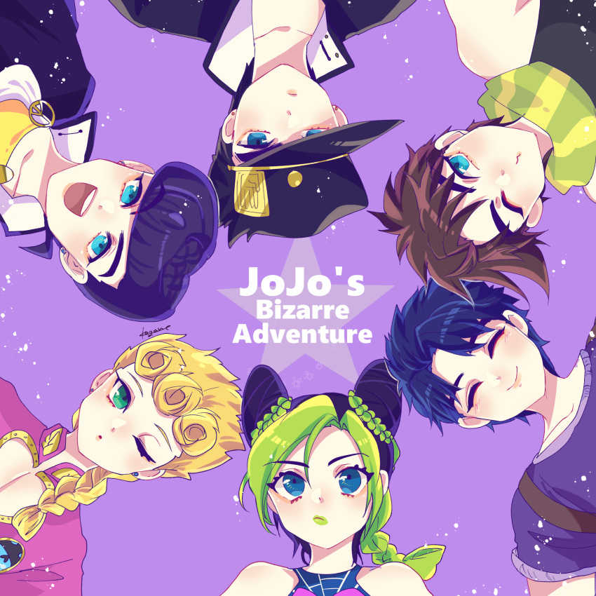 1girl 5boys :&gt; black_hair blonde_hair blue_eyes blue_hair braid brown_hair circle_formation diamond_wa_kudakenai double_bun family giorno_giovanna green_eyes green_hair green_lips green_scarf hat higashikata_josuke highres jojo_no_kimyou_na_bouken jonathan_joestar joseph_joestar joseph_joestar_(young) kogatarou kujo_jolyne kujo_jotaro logo lying multicolored_hair multiple_boys one_eye_closed rotational_symmetry scarf stone_ocean striped striped_scarf two-tone_hair vento_aureo yellow_scarf