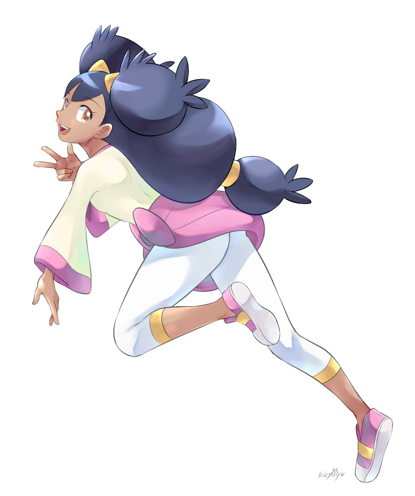 1girl :d dark-skinned_female dark_skin eyelashes full_body hair_tie hand_up highres iris_(pokemon) kijouyu leggings long_hair long_sleeves looking_at_viewer open_mouth orange_eyes pink_footwear pink_skirt pokemon pokemon_(anime) pokemon_bw_(anime) shirt shoes skirt smile solo teeth tied_hair tied_skirt tongue two_side_up w white_legwear yellow_shirt