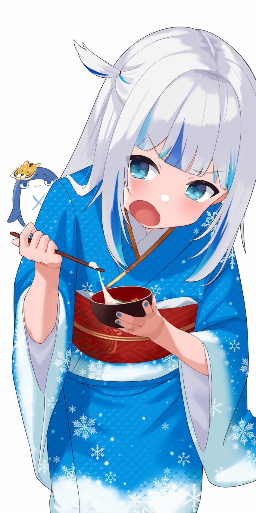 1girl alternate_costume angry bangs bloop_(gawr_gura) blue_eyes blue_hair blunt_bangs eyebrows_visible_through_hair fumyu furisode gawr_gura highres hololive japanese_clothes kimono loli long_hair long_sleeves multicolored_hair new_year obi open_mouth sash silver_hair solo_focus streaked_hair two_side_up virtual_youtuber wide_sleeves zouni_soup