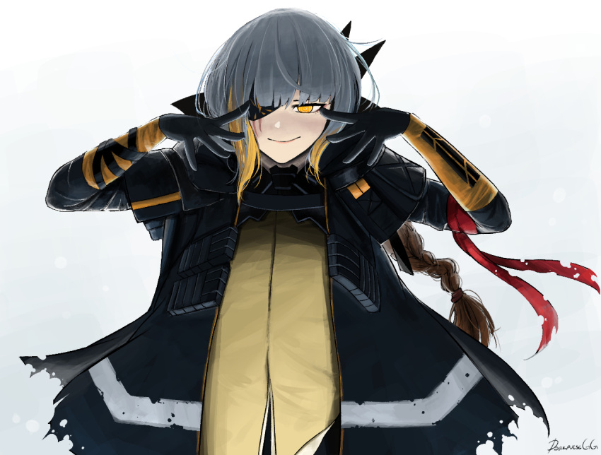 1girl arms_up artist_name bangs black_eyepatch black_gloves black_jacket braid braided_ponytail closed_mouth darkpulsegg eyebrows_visible_through_hair eyepatch girls_frontline gloves grey_hair jacket long_hair looking_at_viewer m16a1_(boss)_(girls'_frontline) m16a1_(girls'_frontline) multicolored_hair open_clothes open_jacket scar scar_across_eye shirt simple_background smile solo upper_body yellow_eyes yellow_shirt