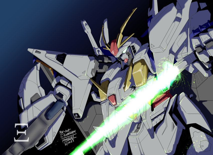 absurdres beam_rifle beam_saber commentary energy_gun green_eyes gundam gundam_hathaway's_flash highres mecha mobile_suit no_humans science_fiction scottmohechi solo v-fin weapon xi_gundam