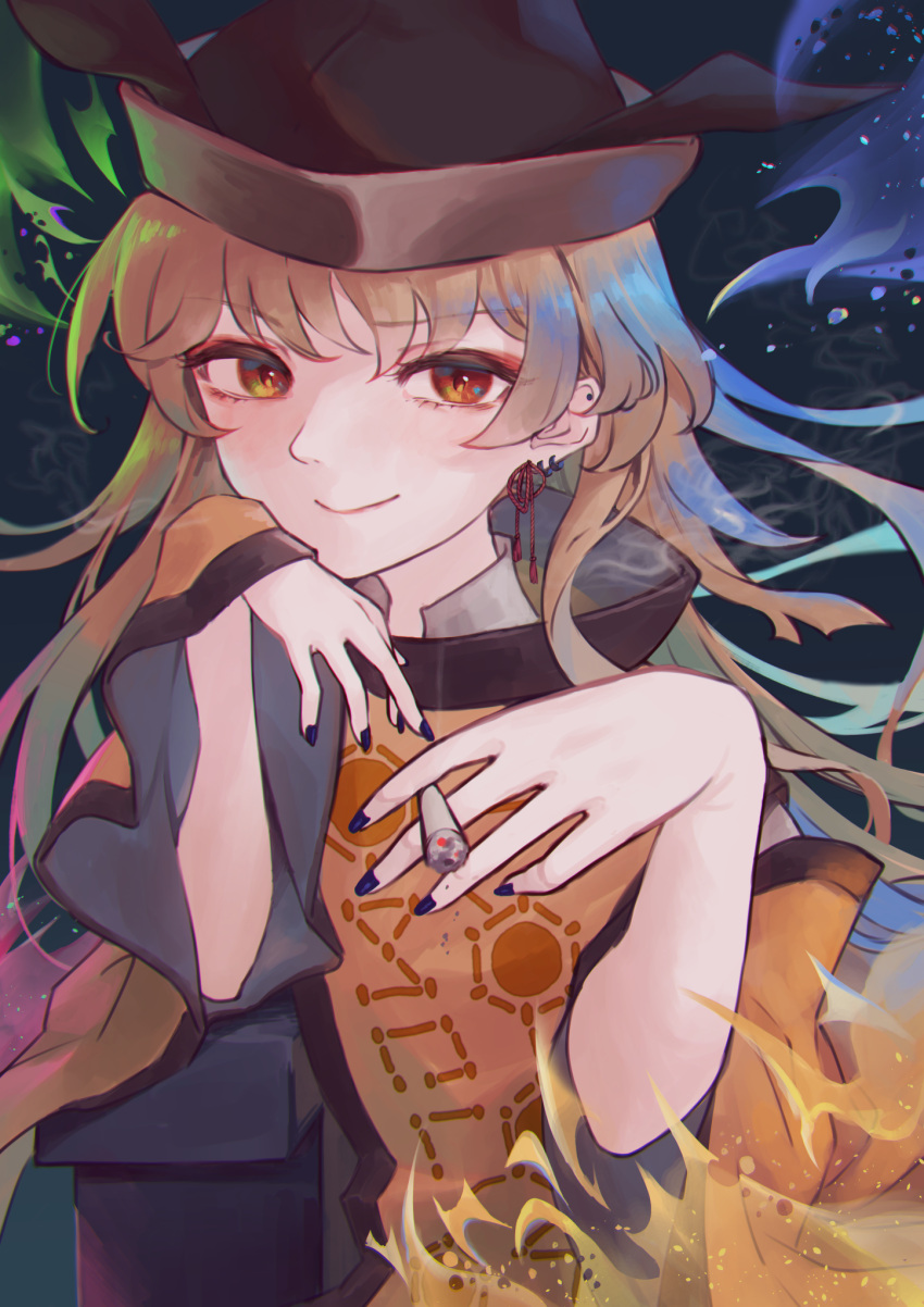 aura bangs black_headwear black_nails blonde_hair brown_headwear cigarette closed_mouth constellation_print detached_sleeves earrings eyebrows_visible_through_hair eyelashes hat highres jewelry long_hair long_sleeves matara_okina nail_polish orange_sleeves orange_tabard red_ribbon ribbon ribbon_earrings sitting smile smoking tabard touhou white_sleeves wide_sleeves yamabuki_(laysis_yama) yellow_eyes