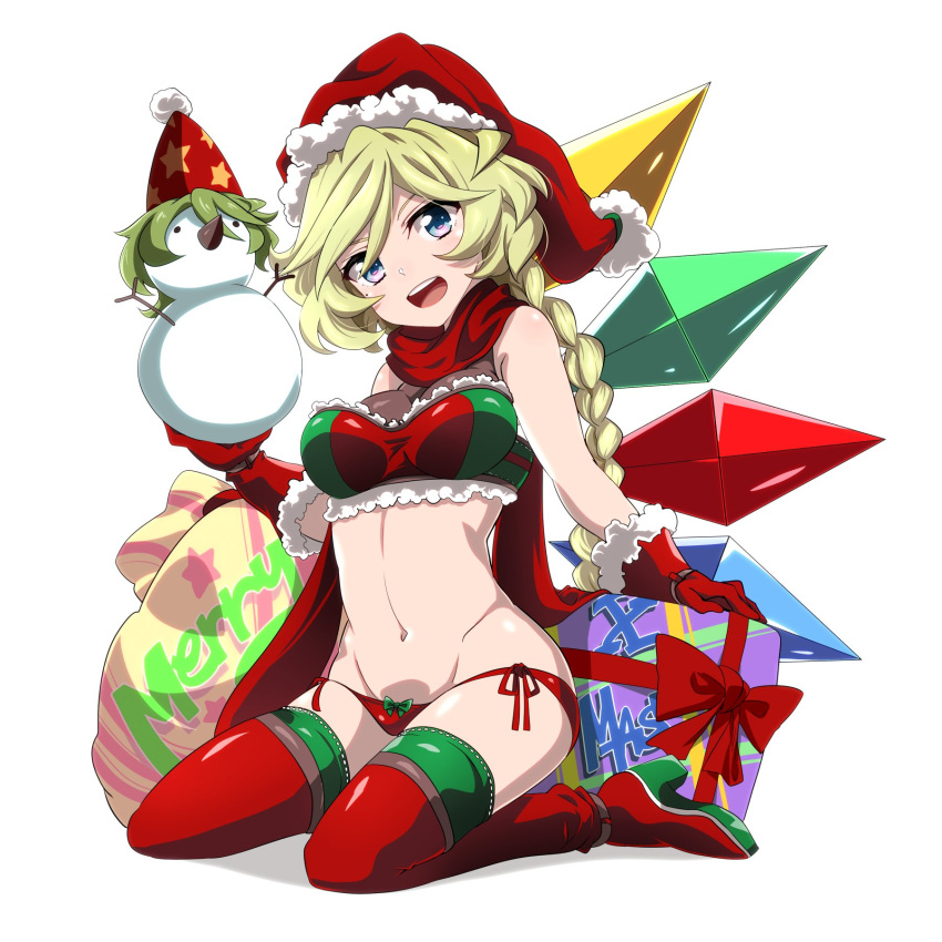 1girl bangs bikini blonde_hair blue_eyes boots bow bow_bikini braid braided_ponytail breasts carol_malus_dienheim christmas commentary crystal english_text frilled_bikini frills full_body gift gloves green_legwear groin hat highres kneeling long_hair looking_at_viewer medium_breasts merry_christmas navel open_mouth red_bikini red_footwear red_gloves red_headwear red_scarf sack santa_costume santa_gloves santa_hat scarf senki_zesshou_symphogear side-tie_bikini simple_background single_braid smile snowman solo swimsuit tanashi_(mk2) thigh-highs thigh_boots white_background