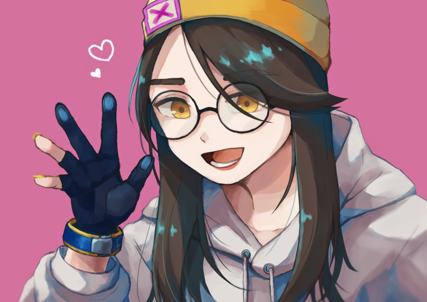 1girl absurdres animification beanie black_gloves bracelet brown_eyes brown_hair eyebrows_visible_through_hair glasses gloves grey_hoodie hat heart highres hood hoodie inu_(usuiyu) jewelry killjoy_(valorant) open_hand partially_fingerless_gloves pink_background smile solo valorant waving yellow_headwear