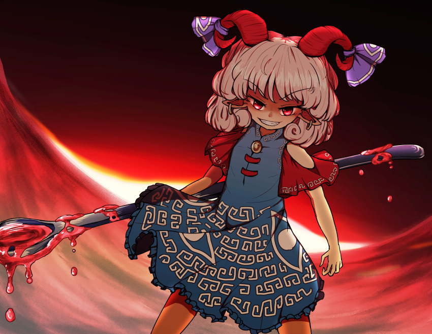 1girl astu_penguin blue_dress curly_hair detached_sleeves dress earrings highres holding_spork horn_ornament horn_ribbon horns jewelry meandros oversized_object patterned_clothing pointy_ears red_eyes red_horns red_sleeves ribbon sharp_teeth sheep_horns spork standing teeth touhou toutetsu_yuuma v-shaped_eyebrows white_hair