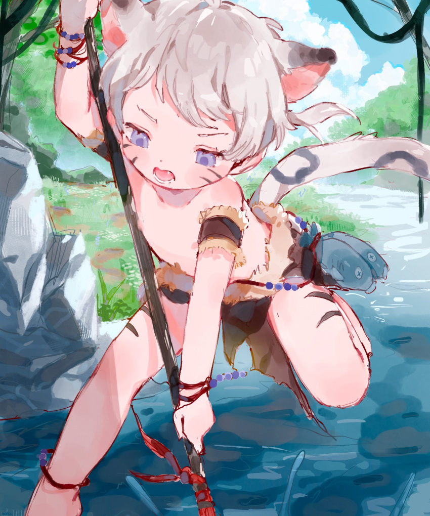 1boy animal_ears bare_legs bare_shoulders cat_boy cat_ears cat_tail commentary english_commentary fish fishing highres loincloth looking_down male_focus morning original outdoors polearm solo spear tail tattoo thebrushking tribal violet_eyes water weapon