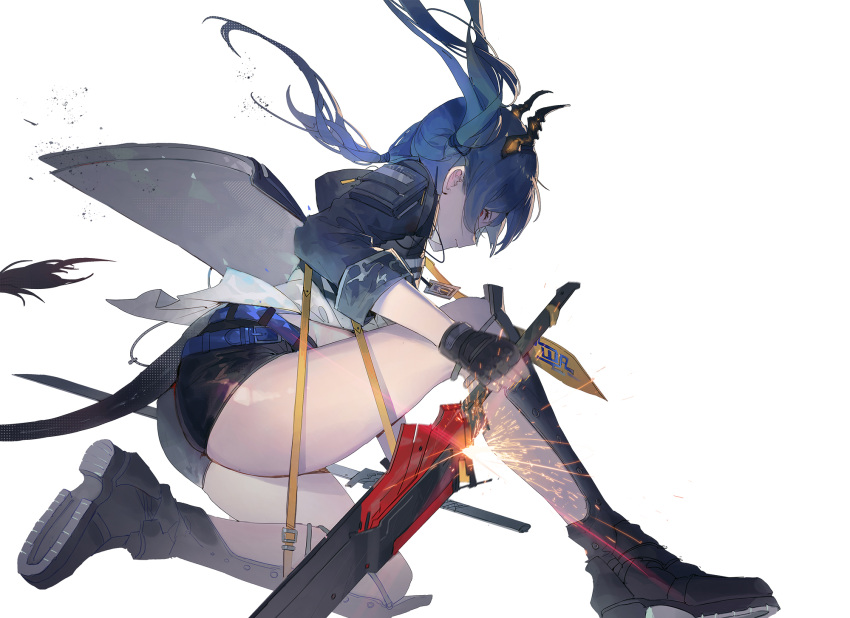 1girl arknights bangs belt blue_hair ch'en_(arknights) dragon_horns dragon_tail full_body highres holding holding_sword holding_weapon horns id_card jacket kuroduki_(pieat) long_hair looking_at_viewer looking_back red_eyes shirt shorts simple_background solo sparks sword tail twintails weapon white_background