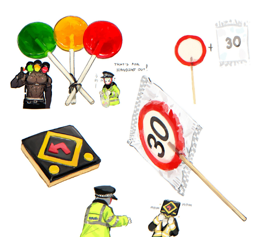 3boys arrow_(ghost_k1n) candy chocolate eating food friends ghost_k1n green_mask harness hat highres lollipop male_focus multiple_boys multiple_heads original police_hat red_mask speed_limit_(ghost_k1n) symbol-only_commentary topless_male traffic_light_(ghost_k1n) traffic_officer yellow_mask