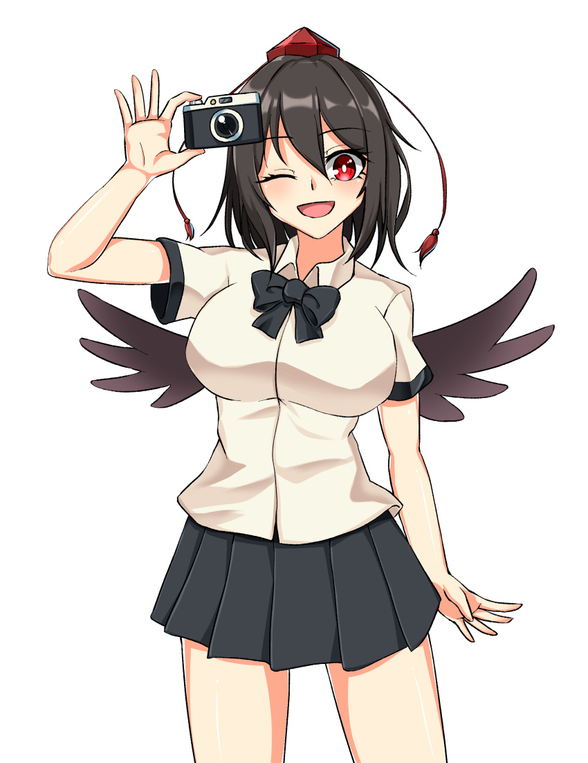 1girl absurdres bird_wings black_bow black_bowtie black_hair black_skirt black_wings blush bow bowtie breasts camera collared_shirt cowboy_shot eyebrows_visible_through_hair eyelashes feathered_wings happy hat highres holding holding_camera large_breasts leo23 miniskirt one_eye_closed open_mouth pleated_skirt red_eyes red_headwear shameimaru_aya shirt short_hair short_sleeves simple_background skirt tassel tokin_hat touhou white_background white_shirt wings