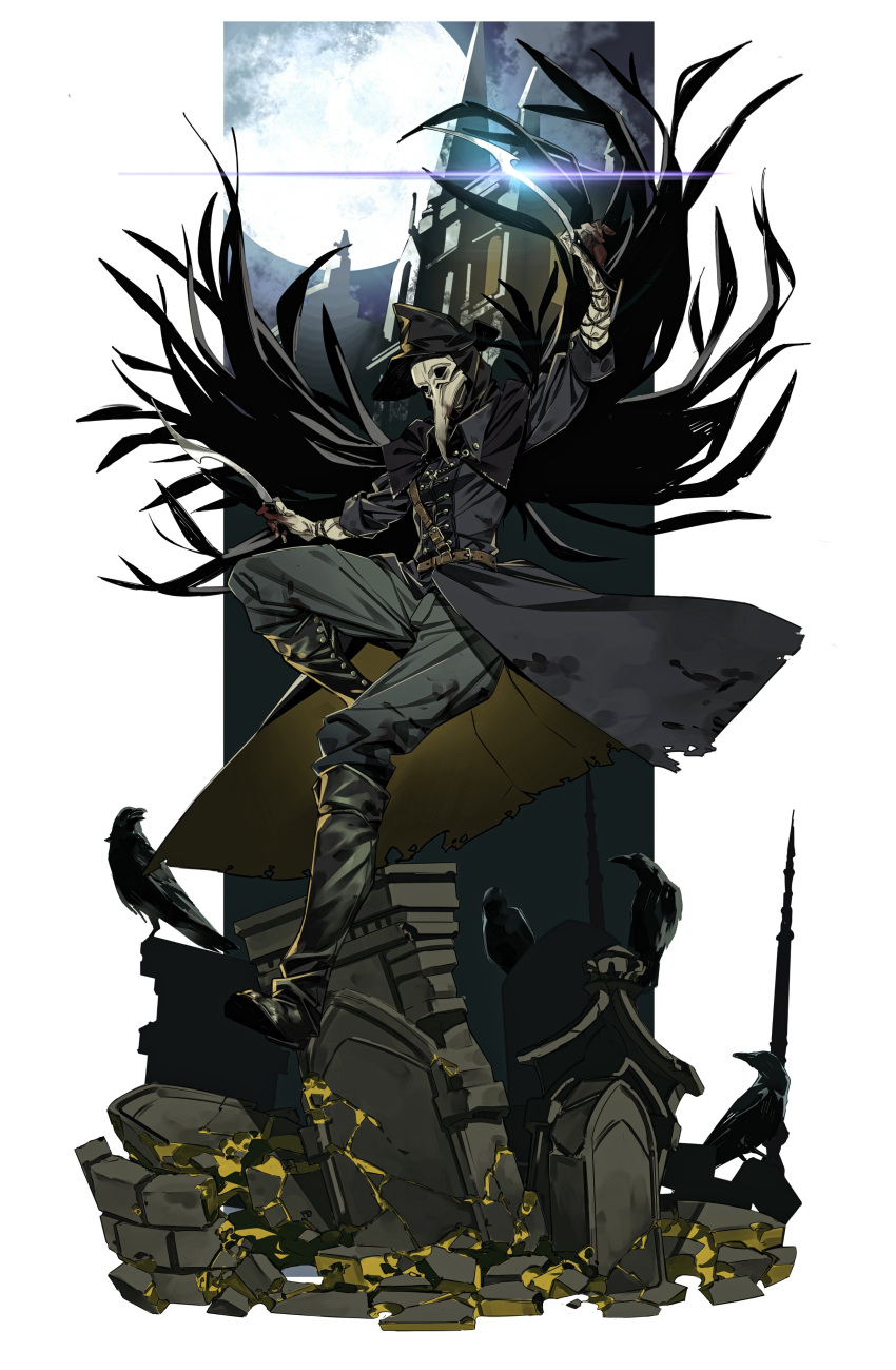 1girl absurdres bird black_headwear blade_of_mercy bloodborne boots building cloak coat crow dual_wielding eileen_the_crow feather-trimmed_coat full_moon hat highres holding holding_weapon long_coat mask moon outdoors pants plague_doctor_mask solo taisowbukurow weapon