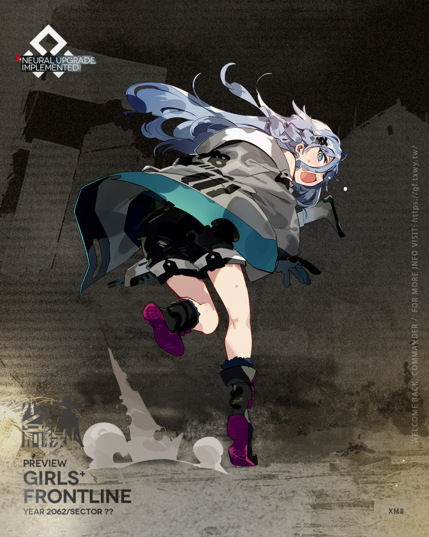 1girl :o assault_rifle bangs belt black_bodysuit black_footwear black_gloves black_shorts bodysuit boots braid character_name copyright_name eyebrows_visible_through_hair full_body girls_frontline gloves grey_jacket gun h&amp;k_xm8 hair_between_eyes hair_ornament hairclip heckler_&amp;_koch highres holding holding_gun holding_weapon jacket jacket_pull karei light_blue_eyes light_blue_hair long_hair looking_back mod3_(girls'_frontline) official_art open_clothes open_jacket open_mouth promotional_art rifle shorts solo standing standing_on_one_leg weapon xm8_(girls'_frontline)