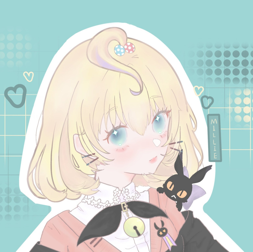 1girl ahoge bangs bell black_cat black_jacket blonde_hair blush bob_cut bow bowtie cardigan cat character_name circle green_background green_eyes grid_background hair_ornament hairclip heart highres iktsuar78924960 jacket looking_at_viewer lucie_(millie_parfait) millie_parfait nijisanji nijisanji_en orange_cardigan shirt solo virtual_youtuber white_shirt witch