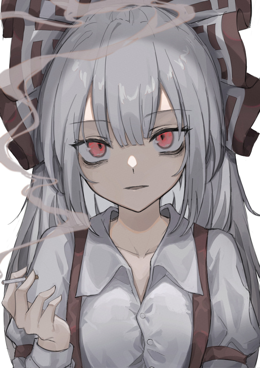 1girl absurdres bags_under_eyes bangs bow buttons cigarette collarbone collared_shirt fujiwara_no_mokou hair_bow head_tilt highres hisha_(kan_moko) holding holding_cigarette juliet_sleeves long_hair long_sleeves looking_at_viewer open_mouth parted_lips puffy_sleeves red_eyes shirt silver_hair simple_background smoking solo standing suspenders touhou upper_body white_background wing_collar