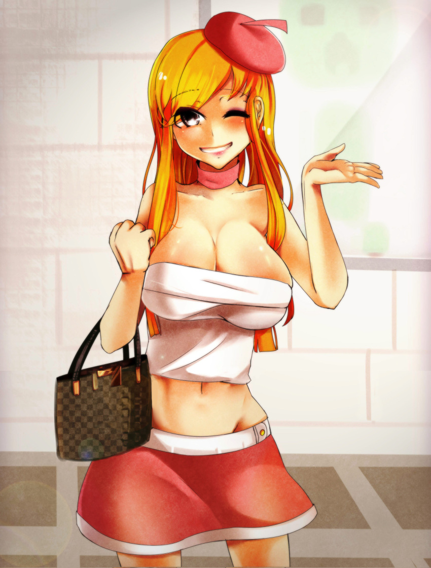 1girl absurdres at2. bag bare_shoulders blush crop_top eyebrows_visible_through_hair grin handbag highres long_hair looking_at_viewer minecraft one_eye_closed orange_hair personification red_skirt skirt smile solo strapless teeth tube_top