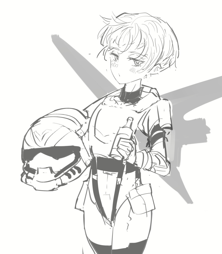 1girl absurdres apex_legends birthright_valkyrie blush bodysuit bottle chinese_commentary eyebrows_visible_through_hair greyscale hair_behind_ear headwear_removed helmet helmet_removed highres holding holding_bottle holding_helmet jetpack looking_at_viewer monochrome short_hair sketch solo valkyrie_(apex_legends) white_background xiaoye_ju_er