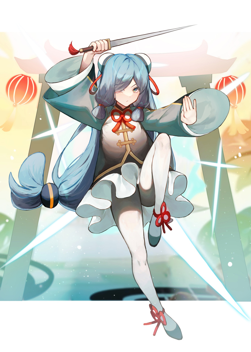 1girl absurdres ankle_ribbon blue_eyes blue_hair bun_cover chinese_clothes closed_mouth commentary_request diffraction_spikes double_bun full_body genshin_impact hair_over_one_eye highres holding holding_sword holding_weapon lantern light_particles long_hair long_sleeves looking_at_viewer low-tied_long_hair midair neck_ribbon pantyhose paper_lantern red_ribbon ribbon shenhe_(genshin_impact) sidelocks skirt solo sword tia_(tia_1207) torii vest weapon white_background white_legwear white_skirt younger