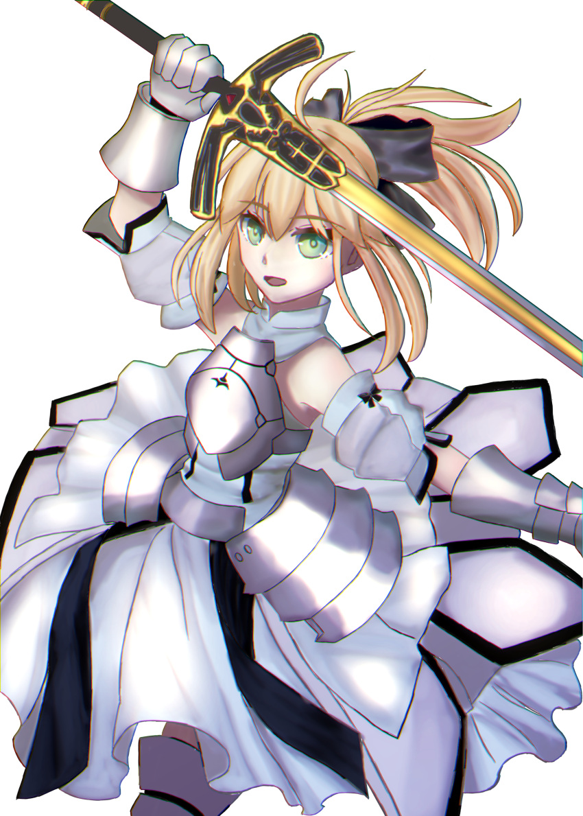 1girl artoria_pendragon_(all) black_bow blonde_hair bow breastplate dress eyebrows_visible_through_hair fate/grand_order fate/unlimited_codes fate_(series) faulds floating_hair gauntlets green_eyes hair_between_eyes hair_bow hands_on_hilt highres long_hair looking_at_viewer mrpn_n outdoors petals ponytail saber_lily signature sleeveless sleeveless_dress solo standing white_dress