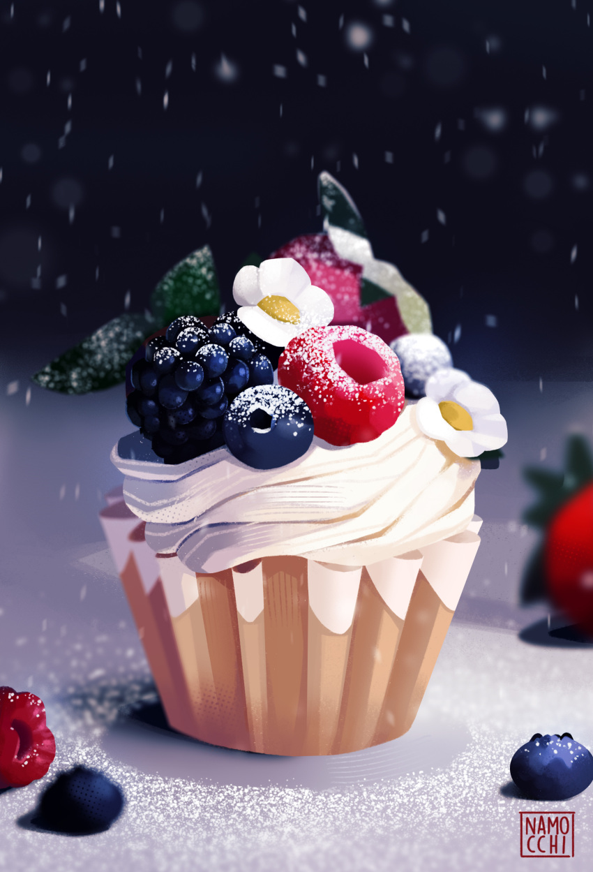 absurdres artist_name blueberry blurry blurry_background cake cupcake english_commentary flower food food_focus fruit highres icing namocchi no_humans original raspberry whipped_cream
