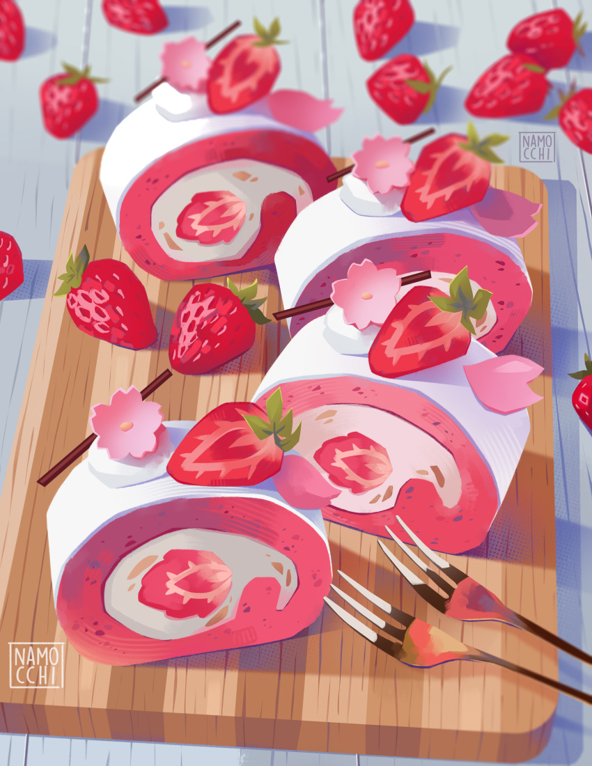 absurdres artist_name blurry blurry_background cake cherry_blossoms cream english_commentary food food_focus fork fruit highres namocchi no_humans original plate shadow strawberry swiss_roll