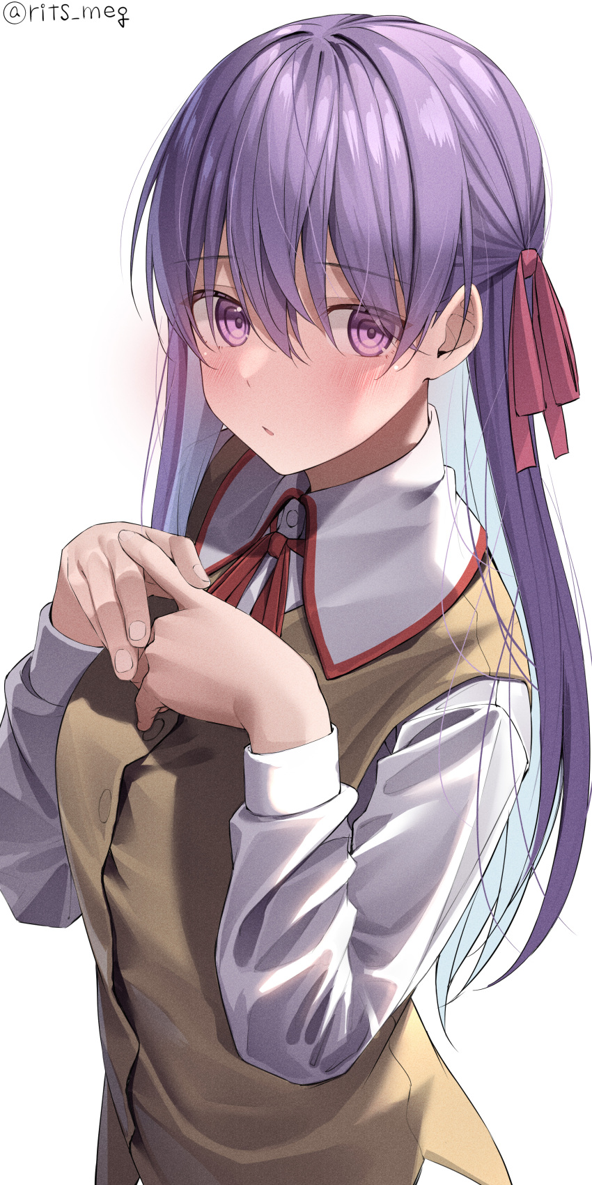 1girl absurdres artist_name blush brown_vest collared_shirt fate/stay_night fate_(series) hair_between_eyes hair_ribbon highres homurahara_academy_uniform kawai_ritsu_(rits_meg) long_hair long_sleeves looking_at_viewer matou_sakura neck_ribbon open_mouth own_hands_together purple_hair red_ribbon ribbon school_uniform shirt simple_background solo twitter_username vest violet_eyes white_background white_shirt