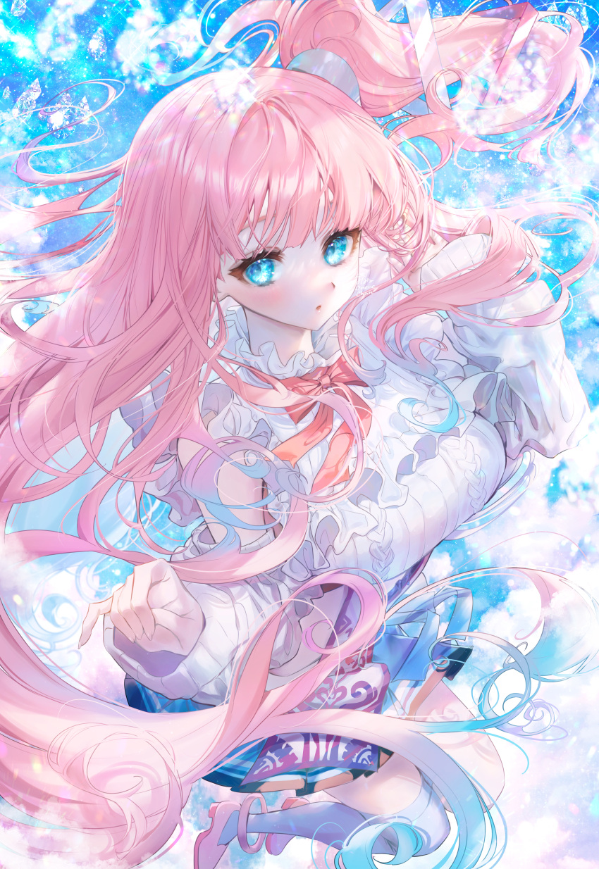 1girl absurdres blue_background blue_eyes blue_hair blue_skirt blush bow bowtie commission detached_sleeves diamond_(gemstone) eyelashes frills full_body gem gradient_hair highres long_hair looking_at_viewer multicolored_hair onenechan open_mouth parted_lips pink_footwear pink_hair propro_production red_bow red_bowtie shoes side_ponytail skeb_commission skirt solo thigh-highs two-tone_hair virtual_youtuber white_legwear white_sleeves yumesaki_mia
