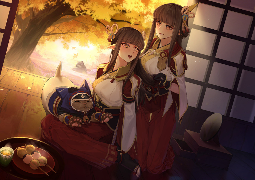 2girls bangs black_gloves black_hair blunt_bangs blush breasts closed_mouth commentary cowboy_shot eyebrows_visible_through_hair eyeshadow gloves gold_trim grey_background hair_ornament hinoa holding_hands ihavetwoooo interlocked_fingers japanese_clothes large_breasts long_hair looking_at_viewer makeup medium_breasts minoto monster_hunter_(series) monster_hunter_rise multiple_girls parted_lips pointy_ears red_eyeshadow siblings sidelocks simple_background sisters smile straight_hair tassel tsurime twins wide_sleeves yellow_eyes