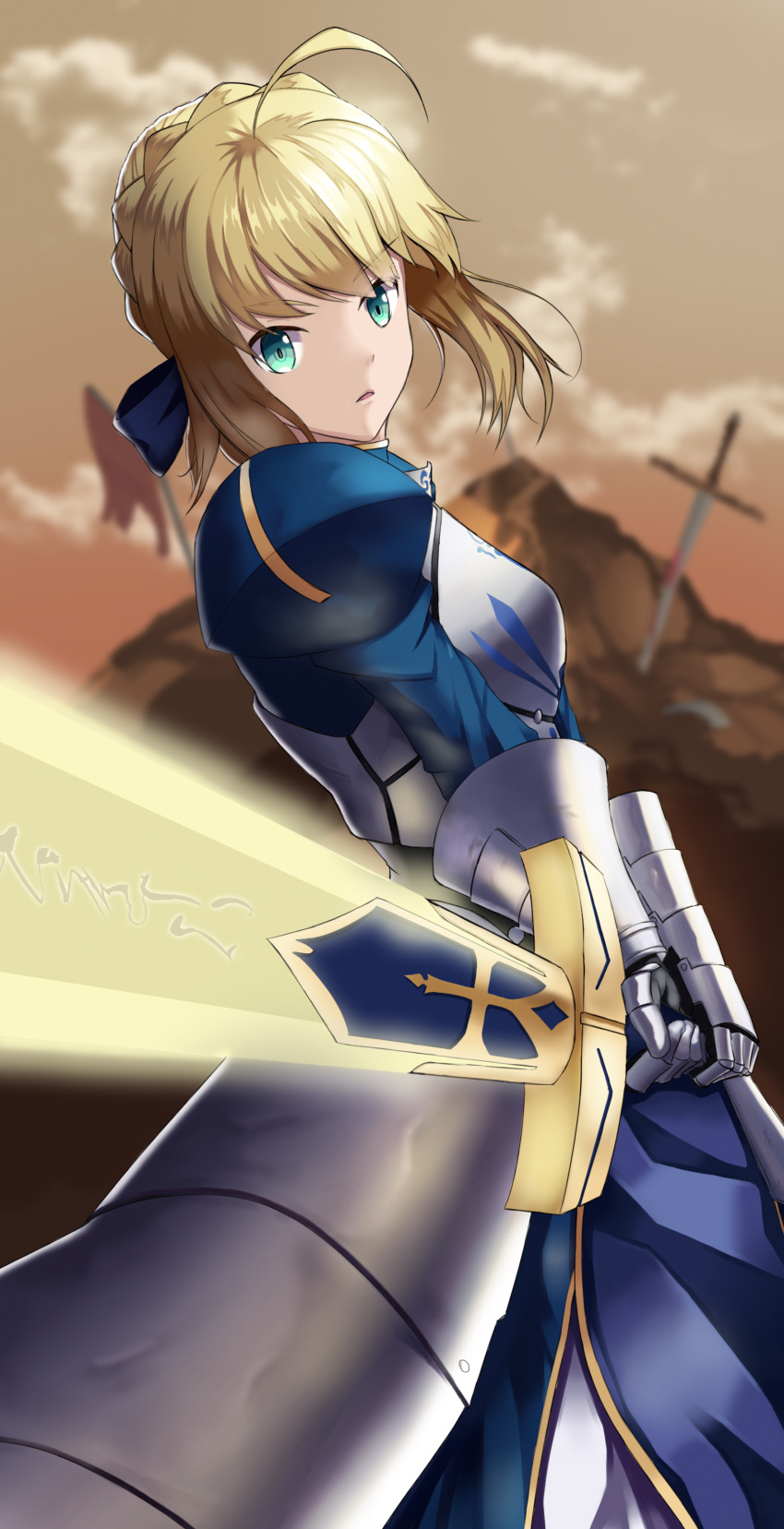 1girl ahoge artoria_pendragon_(all) blonde_hair blue_ribbon breasts cleavage_cutout clothing_cutout excalibur_(fate/stay_night) fate/grand_order fate/stay_night fate_(series) green_eyes hair_bun hair_ribbon hikinitt holding holding_weapon juliet_sleeves long_sleeves medium_breasts puffy_sleeves ribbon saber solo sword weapon
