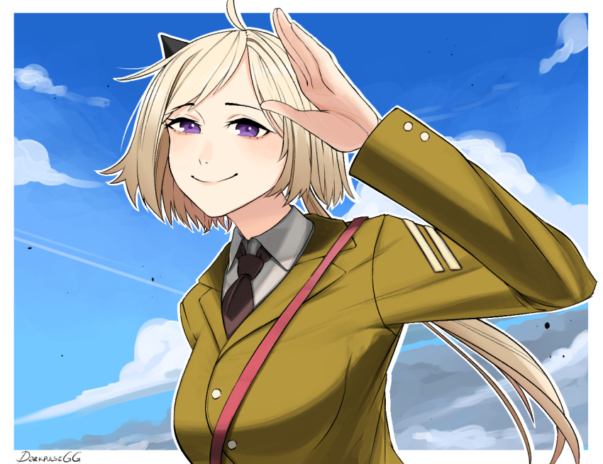 1girl artist_name bangs black_necktie blonde_hair blue_sky closed_mouth darkpulsegg eyebrows_visible_through_hair girls_frontline jacket looking_at_viewer m3_(girls'_frontline) military military_uniform necktie ponytail salute shirt short_hair simple_background sky smile solo uniform upper_body violet_eyes white_shirt yellow_jacket