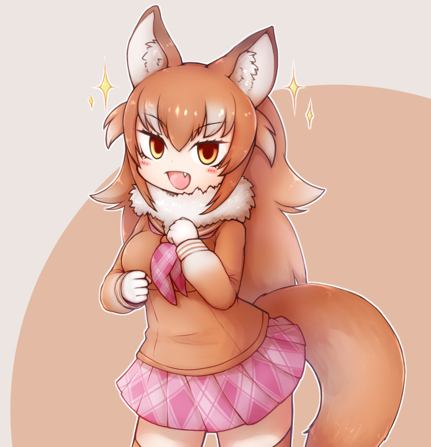 1girl animal_ears aticotta blush breasts brown_eyes brown_hair brown_legwear eyebrows_visible_through_hair fang gradient_hair highres japanese_wolf_(kemono_friends) kemono_friends large_breasts long_hair long_sleeves looking_at_viewer multicolored_hair open_mouth pink_skirt pleated_skirt skirt smile solo tail thigh-highs white_hair wolf_ears wolf_girl wolf_tail
