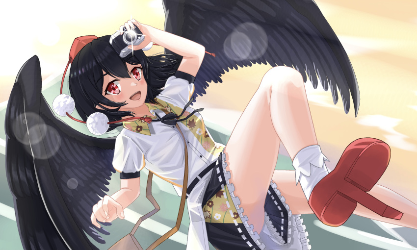 1girl absurdres bag belt bird_wings black_belt black_hair black_ribbon black_skirt blush breasts brown_bag camera feathered_wings feathers frilled_skirt frills geta hat highres holding holding_camera leaf-pattern_stripe open_mouth pointing pom_pom_(clothes) potesayolover puffy_short_sleeves puffy_sleeves red_eyes red_footwear red_headwear ribbon shameimaru_aya shirt short_hair short_sleeves shoulder_bag skirt small_breasts tengu tengu-geta tokin_hat touhou white_legwear white_shirt wings