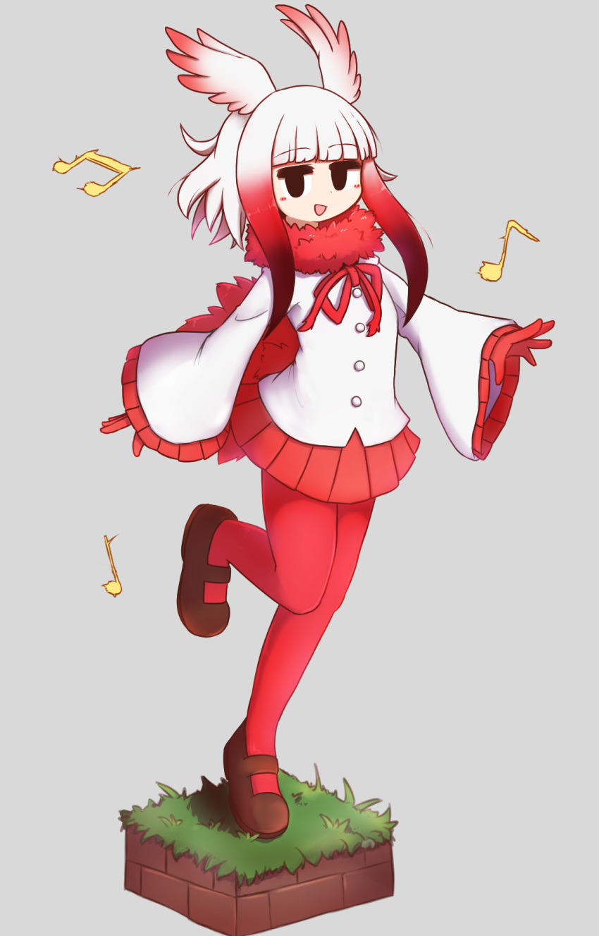 1girl aticotta bangs black_eyes blunt_bangs blush eyebrows_visible_through_hair full_body gloves head_wings highres japanese_crested_ibis_(kemono_friends) kemono_friends long_sleeves looking_at_viewer medium_hair musical_note open_mouth pantyhose pleated_skirt red_gloves red_legwear red_skirt redhead sidelocks skirt smile solo white_hair