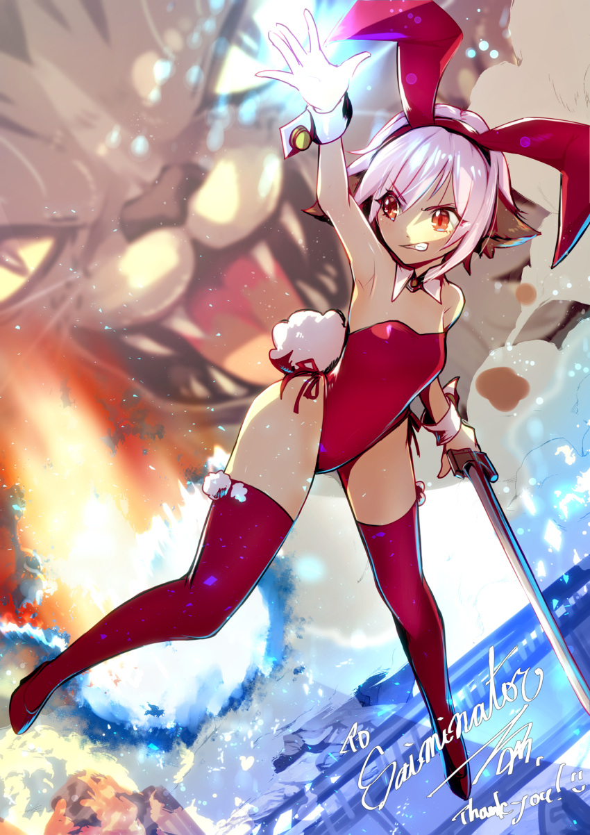 battle bunny_ears bunny_must_die bunny_tail bunny_the_honeywhite bunnysuit cat_ears commission naokimineta026 red_eyes sword thigh_boots white_hair