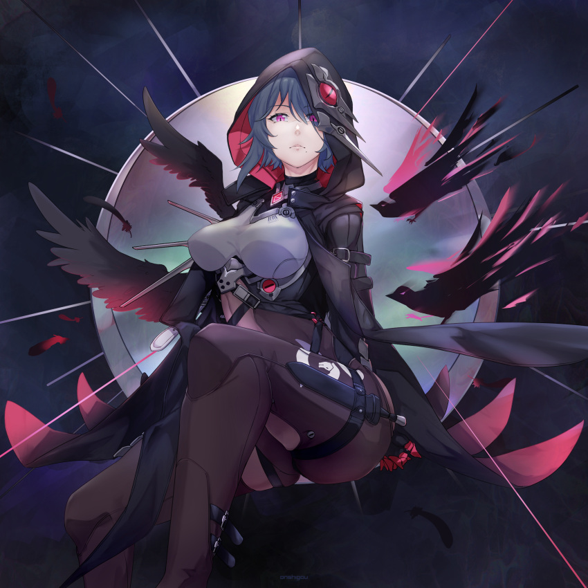 1girl absurdres bangs bird black_bodysuit black_cape black_hair bodysuit breasts cape closed_mouth feathers highres honkai_(series) honkai_impact_3rd invisible_chair looking_at_viewer medium_hair mole mole_under_mouth onshigou raven_(honkai_impact_3rd) sitting solo violet_eyes