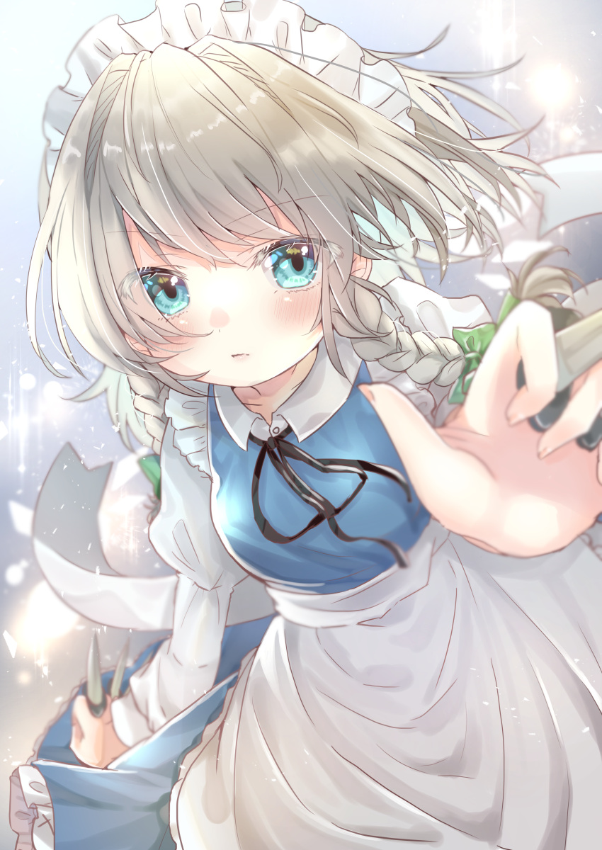 1girl absurdres ashino_chimado between_fingers blue_dress blue_eyes blurry blush braid depth_of_field dress foreshortening highres izayoi_sakuya knife light_particles looking_at_viewer maid_headdress reaching_out short_hair_with_long_locks silver_hair simple_background solo throwing_knife touhou twin_braids weapon