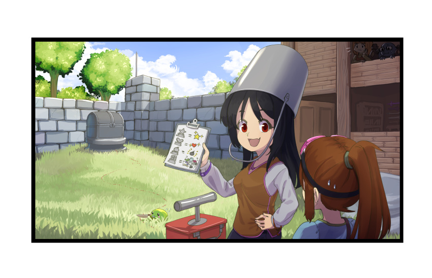 2girls :d black_hair breasts brown_hair brown_vest bucket bucket_on_head clipboard day detonator fang gameplay_mechanics goggles goggles_on_head grey_shirt hand_on_hip highres holding holding_clipboard house knife long_hair long_sleeves medium_breasts multiple_girls object_on_head original outdoors ponytail red_eyes shirt skin_fang slime_(creature) smile statue suweeka sweatdrop terraria transparent_border tree vest wall wire