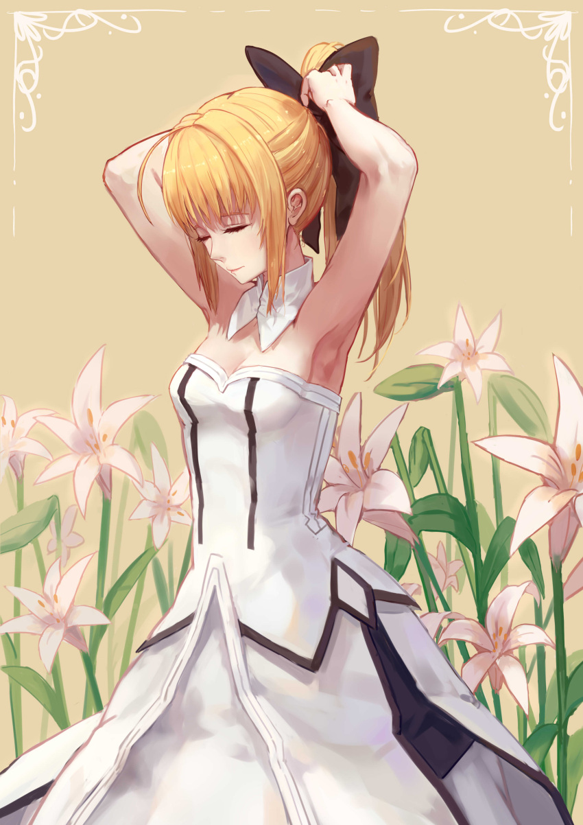 1girl artoria_pendragon_(all) black_bow blonde_hair bow breastplate dress eyebrows_visible_through_hair fate/grand_order fate/unlimited_codes fate_(series) faulds floating_hair gauntlets green_eyes hair_between_eyes hair_bow hands_on_hilt hfp～kubiao highres long_hair looking_at_viewer outdoors petals ponytail saber_lily signature sleeveless sleeveless_dress solo standing white_dress